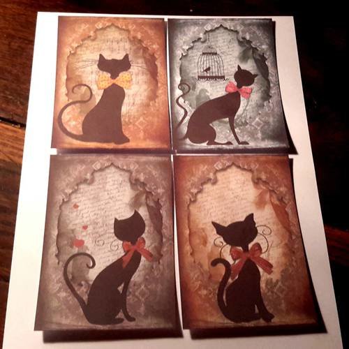 Lot  de 4 cartes, images, chats naïfs,   motif pour cartes , chats en silhouettes noires. scrap