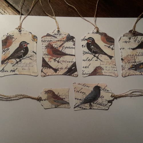 Un exemplaire lot aa 6 etiquettes, collection "nature",  en tissu, oeillet,  liens ficelle , oiseaux,  écritures, embellissements,  style vintage. 