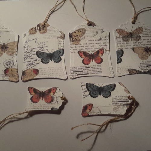 Un exemplaire  6 etiquettes,  "nature",  en tissu, oeillet,  liens ficelle , papillons,  écritures, embellissements,  die cut,  fantaisie.