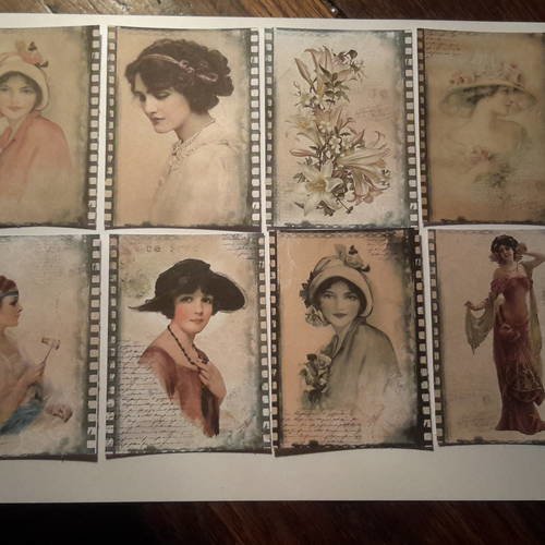 Lot de 8 petites images, collection portraits d'élégantes. verticales. vintage. bouquet de lys. carterie 