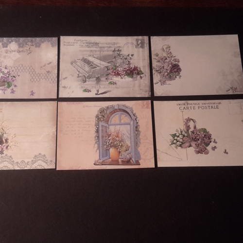 Lot de 6 images violettes et paniers de fleurs.  rubans, paniers, piano, dentelle. . shabby. carterie 