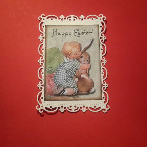Petite carte  et enveloppe,  illustration de pâques,  petite fille et lapin, fleurs, rose.