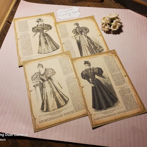 Lot 4 cartes monde mode féminine 1800, 1900. carterie, papeterie, scrapbooking.