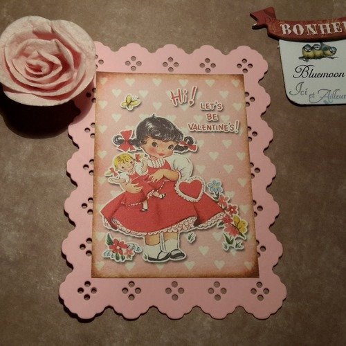Petite carte saint valentin, basé pour création carte,  image petite fille,  poupée et coeurs, sur  cadre filigrane. scrapbooking 