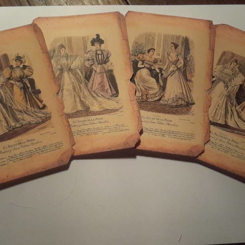 Lot de 4  cartes images,  femmes et salon de la mode à barcelone. 19ème siècle. femmes élégantes tenue de ville, robe de soirée. 