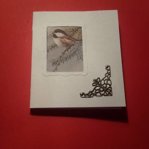 Carte double et enveloppe,  oiseau de nos jardins, embossée et découpée sur papier veiné,  blanc. carterie 