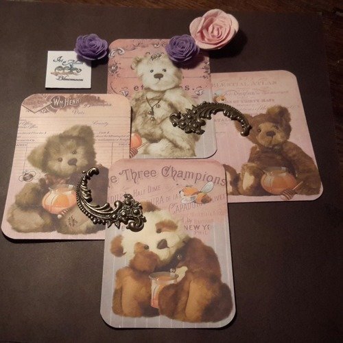 Lot de 4 cartes, images, teddy bear,  ours en peluche, oursons et abeilles.  base, motifs pour cartes,  papier scrapbooking, 