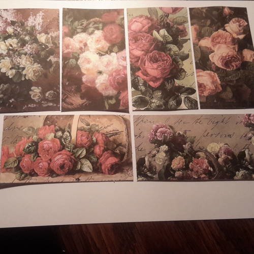 Lot 6 images, cartes illustrations fleurs et bouquets anglais,  bases pour créations de cartes. papier 250g