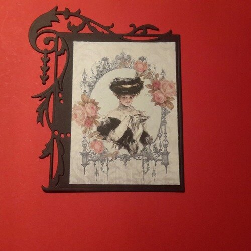 Petite carte en cadre contours filigranés et enveloppe, illustration shabby,  roses et femme 19ème