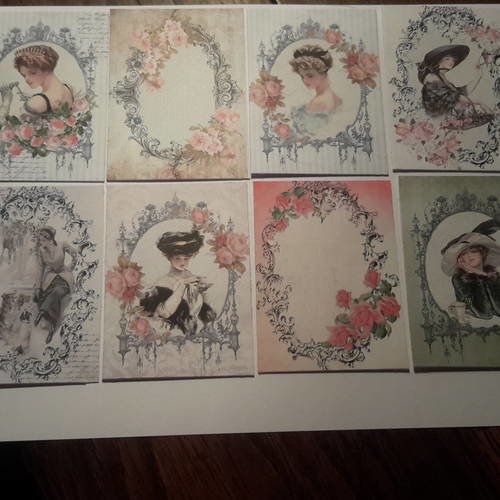 Lot 8 images, illustrations mode coiffure, vintage,  femmes aux chapeaux,  bases pour créations de cartes. papier 250g. 