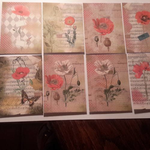 Lot 8 images, illustrations coquelicots rouges, blancs, papillons,   bases pour créations de cartes. papier 250g