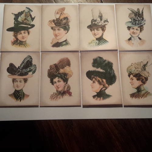 Lot 8 images, illustrations mode, vintage,  femmes aux chapeaux,  bases pour créations de cartes. papier 250g. scrap
