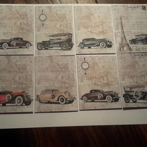 Lot 8 images, illustrations voitures anciennes,   bases pour créations de cartes. papier 250g. scrap