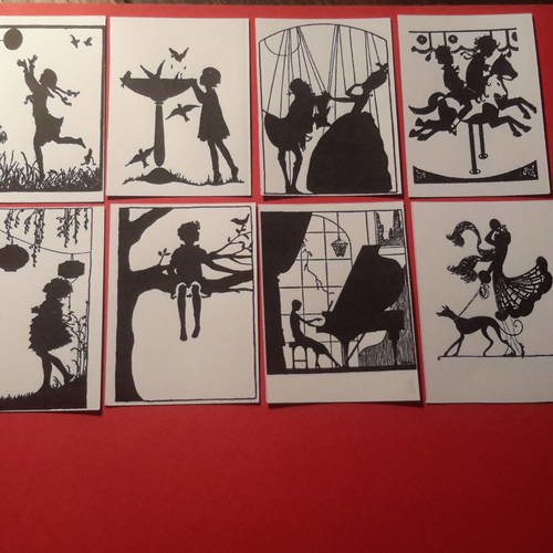 Lot 8 images, illustrations noir et blanc, silhouettes fantaisies,  bases pour créations de cartes. papier 250g. 