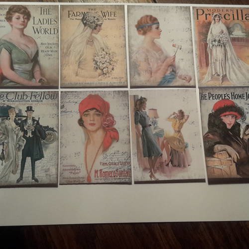 Lot de 8 images, collection mini cartes couvertures magazines de mode , illustrations 1900. carterie
