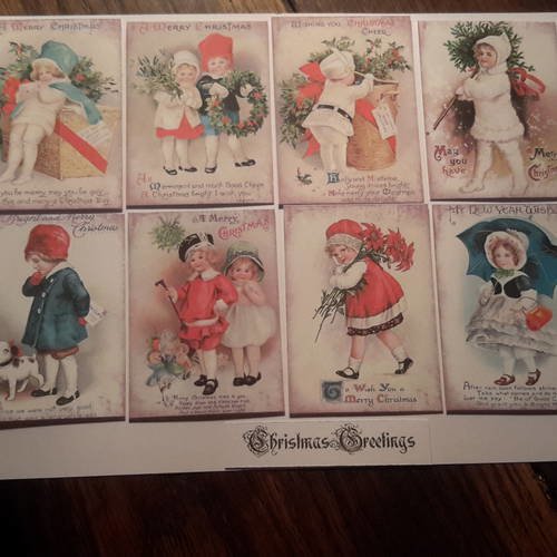 Lot de 8 mini cartes ,  250g,  images, dies, découpes , noël vintage.  enfants victoriens, voeux et souhaits. scrap 