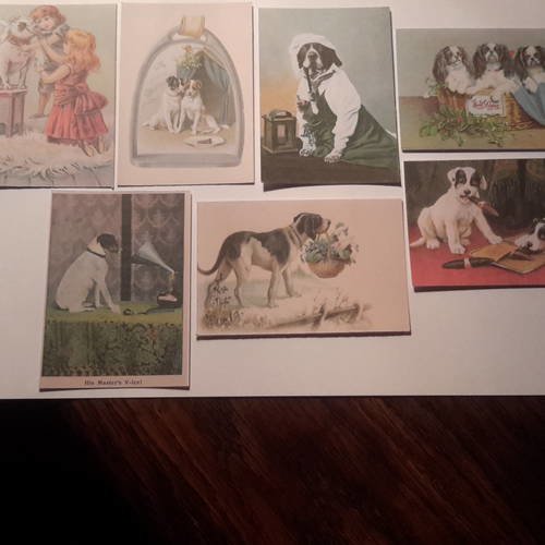 Lot de 7 images, collection mini cartes motifs chiens victoriens, deux motifs noël ou nouvel an. carterie 