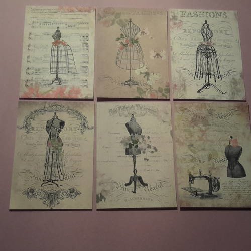 Lot de 6 images, collection mini cartes motifs vintage, 1900, mannequins couture. carterie 