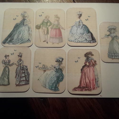 Lot  de 7 images, mini cartes,  grandes étiquettes shabby .... duchesses, comtesses,  en grande tenue, bijoux, éventails,  plumes