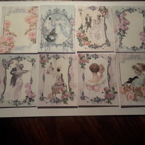 Lot  de 8  images, petites cartes.  motifs floraux et scènes époque victorienne , shabby chic. 