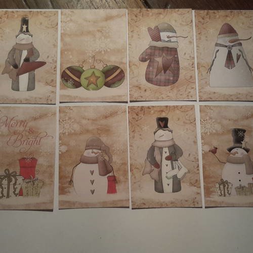Lot de 8  mini cartes, taille 2, 250g,  images motifs naïfs bonhomme de neige et coeurs. noël, merry christmas. carterie 