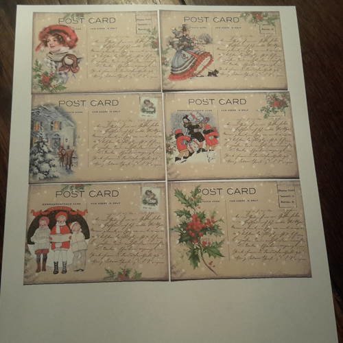 Lot 6 petites cartes  postales noël vintage. 250g. base, decoupe pour cartes, embellissements pour loisirs créatifs. 