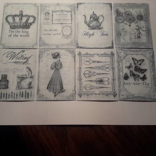 Lot de 8 images, collection mini cartes motifs vintage, 1900, illustrations en noir et gris. carterie 