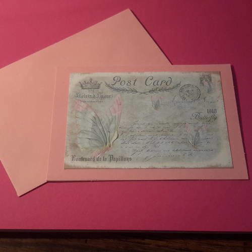 Grande carte  double et son enveloppe assortie, rose, papillons style planche histoire naturelle , post card 1910. 