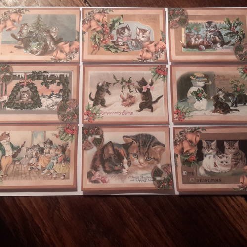 Lot de 9 images, collection mini cartes motifs chats victoriens, 250g noël, merry christmas. carterie 