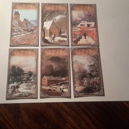 Lot  b de 6  images, mini cartes.  superbes paysages, peintures hivernales. reproductions tableaux anciens. 