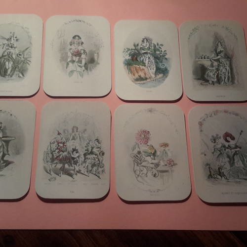 Lot de 8 images, mini cartes motifs victoriens fées vintage. rare... les fées des fleurs.  sur  papier 
