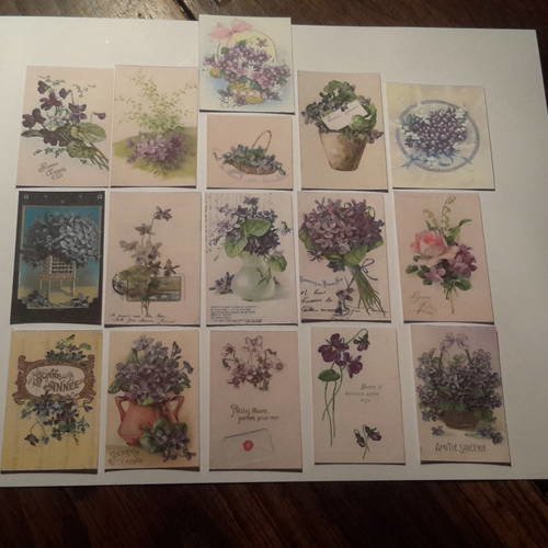 Lot de  16 embellissements, tags,  découpes papier vintage.  thème fleur, la violette. scrap. 