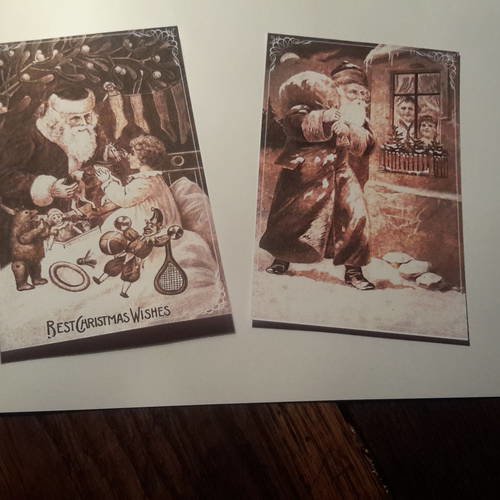Lot de 2 grandes cartes postales  noël,  vintage,  père noël époque victorienne,  250g, sépia .  scrap 