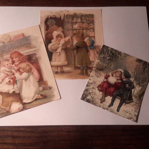 Lot de 3 grandes images vintage,  scènes d’ enfants, époque victorienne. 250g. l'hiver et décembre.  carterie