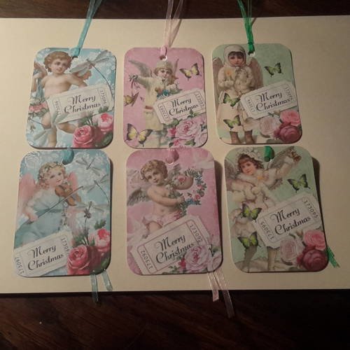 Lot  6 grandes étiquettes anges shabby, noël, avec liens organza , tags 250g,  dies,  découpes rectangulaires.