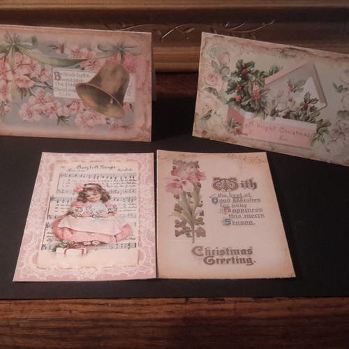 Lot  de 4  cartes et enveloppes.noëls anciens. 250g. 2 doubles, 2 simples, époque victorienne noël d’antan. christmas cards. carterie 