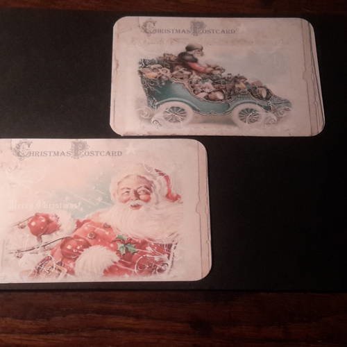 Lot de 2 grandes cartes postales  noël,  vintage,  250g, père noël époque victorienne,  en traîneau et en voiture 1930.. 