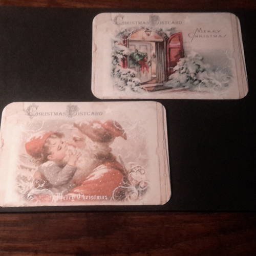 Lot de 2 grandes cartes postales  noël,  vintage,  250g, père noël époque victorienne,  enfant. maison  enneigée. . 