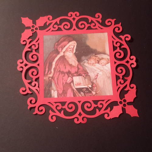 Carte en cadre découpe filigrane rouge et son enveloppe,  die, contour arabesques, houx, enfants, père noël 