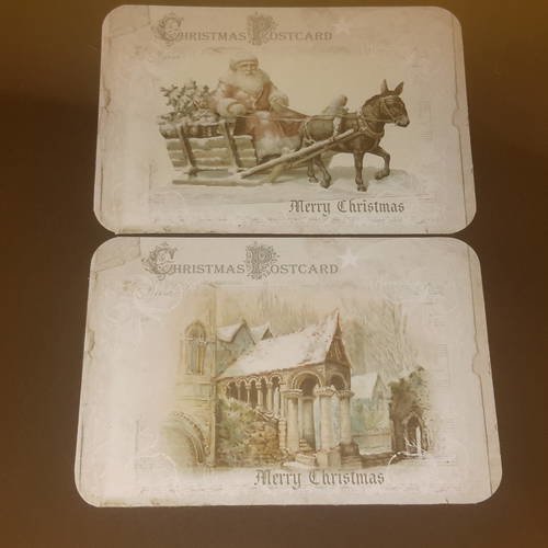 Lot de 2 grandes cartes postales  noël,  vintage,  250g, père noël époque victorienne,  traîneau, église enneigée. . 