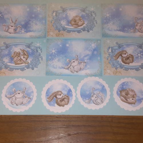 Lot   6 petites  cartes + 6 embellissements adhesifs pour carterie.  images petit lapin,  cabrioles dans la neige. scrap