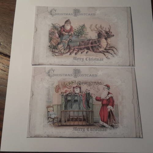Lot de 2 grandes cartes postales  noël,  vintage,  250g, père noël époque victorienne,  traîneau, rennes, cheminée. .. 