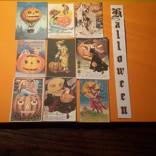 Super lot b  de 9 mini cartes, tags rétro + bannière halloween, enfants,  chats noirs, citrouilles, sorcières, épouvantails. .