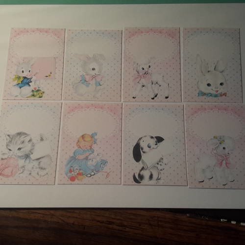 Lot 8 mini cartes, embellissements, découpes animaux pour enfants , roses et bleus.