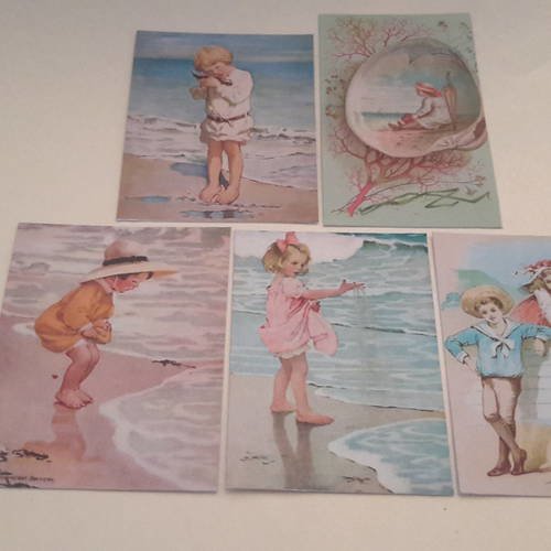 Lot   b 5 images rétro,  enfants à la mer, vacances à la plage.  vive l’été ! , sur beau papier épais. 
