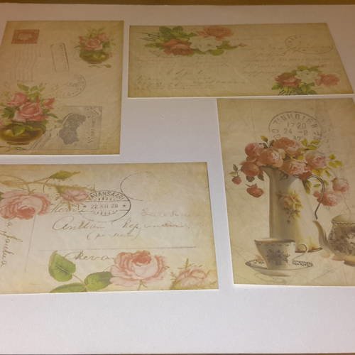 Lot de 4 cartes postales, shabby, roses anciennes, sur fonds écriture, sur beau papier épais. carterie 
