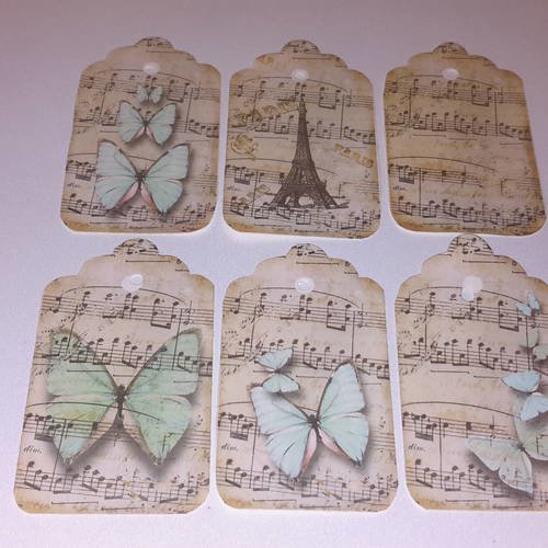 Lot  6 étiquettes rétro,  papillons sur fonds partitions musicales, liens organza  et satin, sur beau papier épais. 