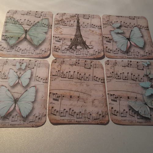 Lot  6 mini cartes rétro,  papillons sur fonds partitions musicales, tons vieillis, sur beau papier épais. 