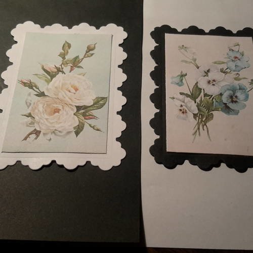 Lot  de 2  cartes et enveloppes, dies, motifs anciens, fleurs, pensées blanches et bleues et roses blanches. 