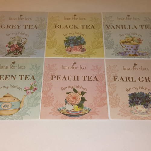 Lot de 6 images rétro, sur les étiquettes pour thé ,  sur beau papier épais, bleu, jaune et rose. 